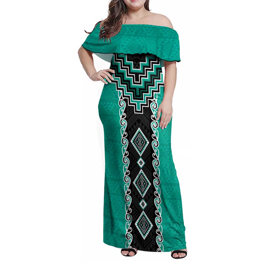 Teal Niho Taniwha Mix Poutama Family Matching Off Shoulder Maxi Dress and Hawaiian Shirt Unique Taniko Aotearoa LT01 Mom's Dress Teal - Polynesian Pride
