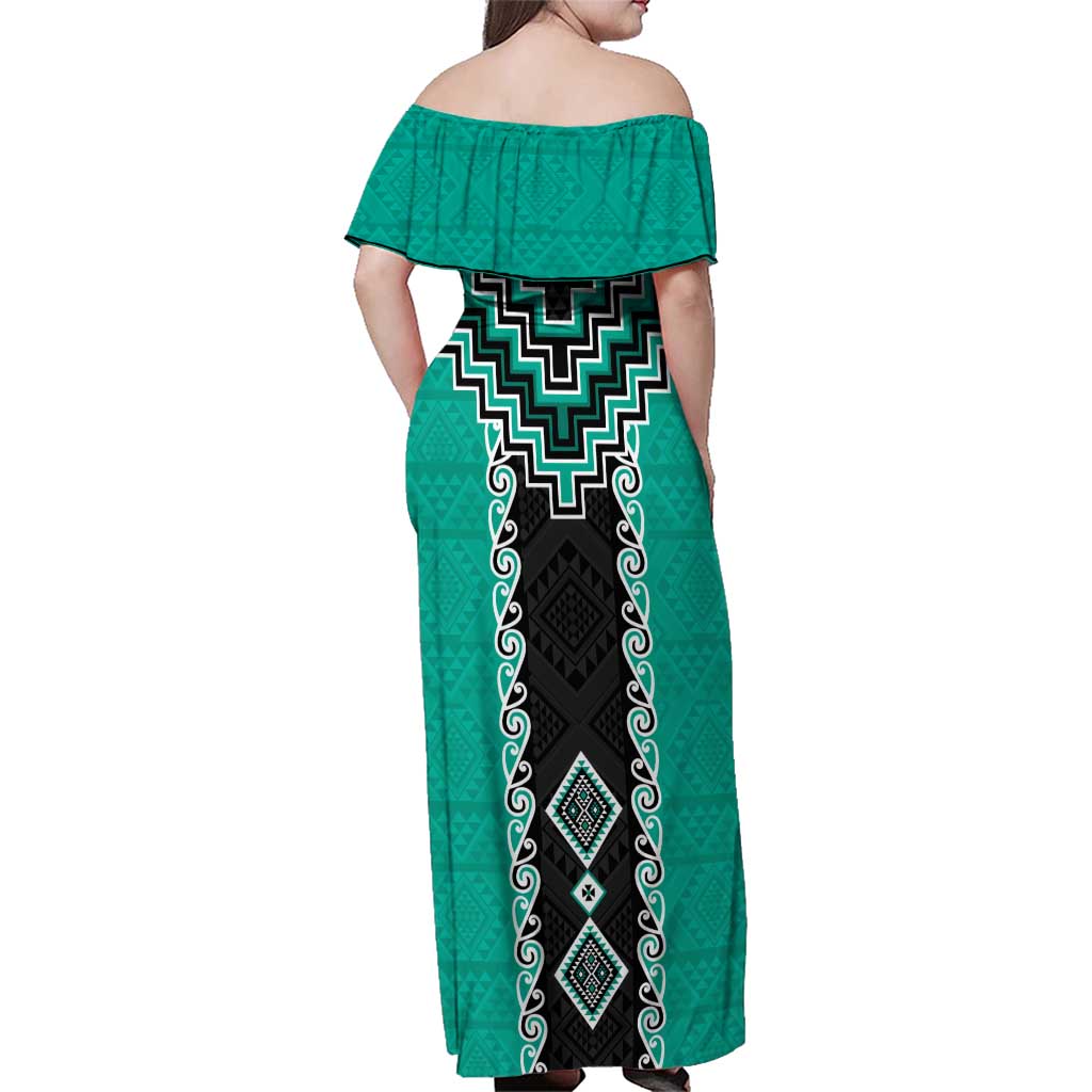 Teal Niho Taniwha Mix Poutama Family Matching Off Shoulder Maxi Dress and Hawaiian Shirt Unique Taniko Aotearoa LT01 - Polynesian Pride