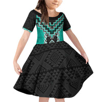 Teal Niho Taniwha Mix Poutama Family Matching Off Shoulder Short Dress and Hawaiian Shirt Unique Taniko Aotearoa LT01 Daughter's Dress Teal - Polynesian Pride