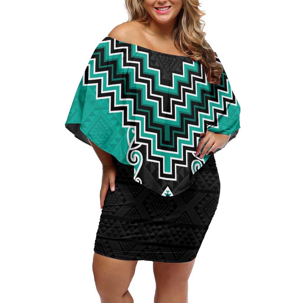 Teal Niho Taniwha Mix Poutama Family Matching Off Shoulder Short Dress and Hawaiian Shirt Unique Taniko Aotearoa LT01 Mom's Dress Teal - Polynesian Pride