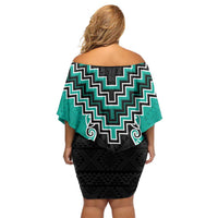 Teal Niho Taniwha Mix Poutama Family Matching Off Shoulder Short Dress and Hawaiian Shirt Unique Taniko Aotearoa LT01 - Polynesian Pride