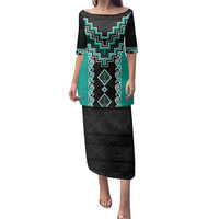 Teal Niho Taniwha Mix Poutama Family Matching Puletasi and Hawaiian Shirt Unique Taniko Aotearoa LT01 Mom's Dress Teal - Polynesian Pride
