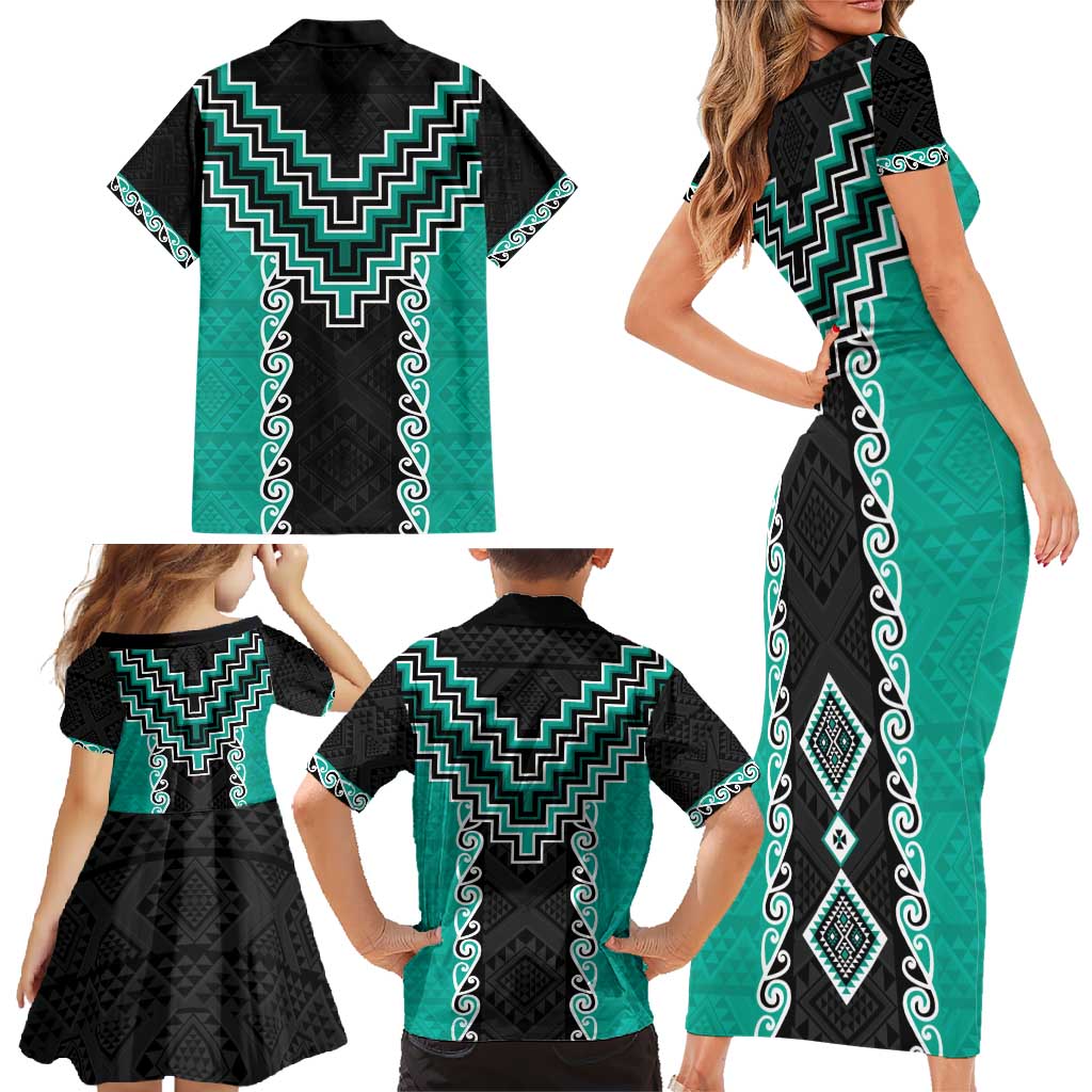 Teal Niho Taniwha Mix Poutama Family Matching Short Sleeve Bodycon Dress and Hawaiian Shirt Unique Taniko Aotearoa LT01 - Polynesian Pride