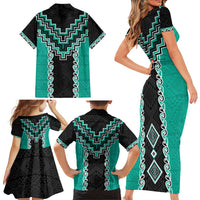 Teal Niho Taniwha Mix Poutama Family Matching Short Sleeve Bodycon Dress and Hawaiian Shirt Unique Taniko Aotearoa LT01 - Polynesian Pride