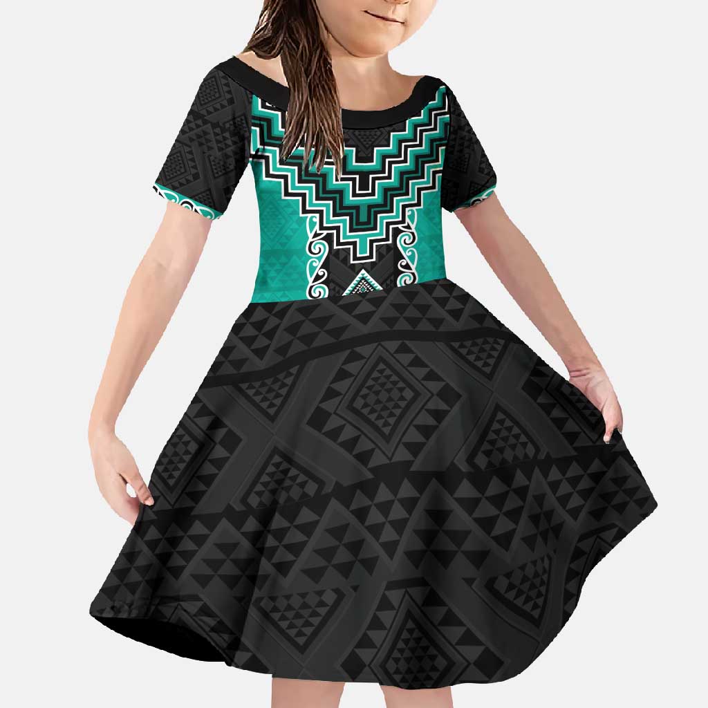 Teal Niho Taniwha Mix Poutama Family Matching Summer Maxi Dress and Hawaiian Shirt Unique Taniko Aotearoa LT01 Daughter's Dress Teal - Polynesian Pride