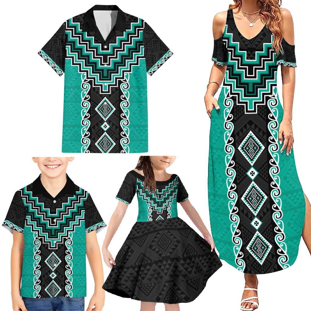 Teal Niho Taniwha Mix Poutama Family Matching Summer Maxi Dress and Hawaiian Shirt Unique Taniko Aotearoa LT01 - Polynesian Pride