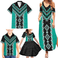 Teal Niho Taniwha Mix Poutama Family Matching Summer Maxi Dress and Hawaiian Shirt Unique Taniko Aotearoa LT01 - Polynesian Pride