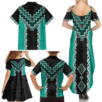 Teal Niho Taniwha Mix Poutama Family Matching Summer Maxi Dress and Hawaiian Shirt Unique Taniko Aotearoa LT01 - Polynesian Pride