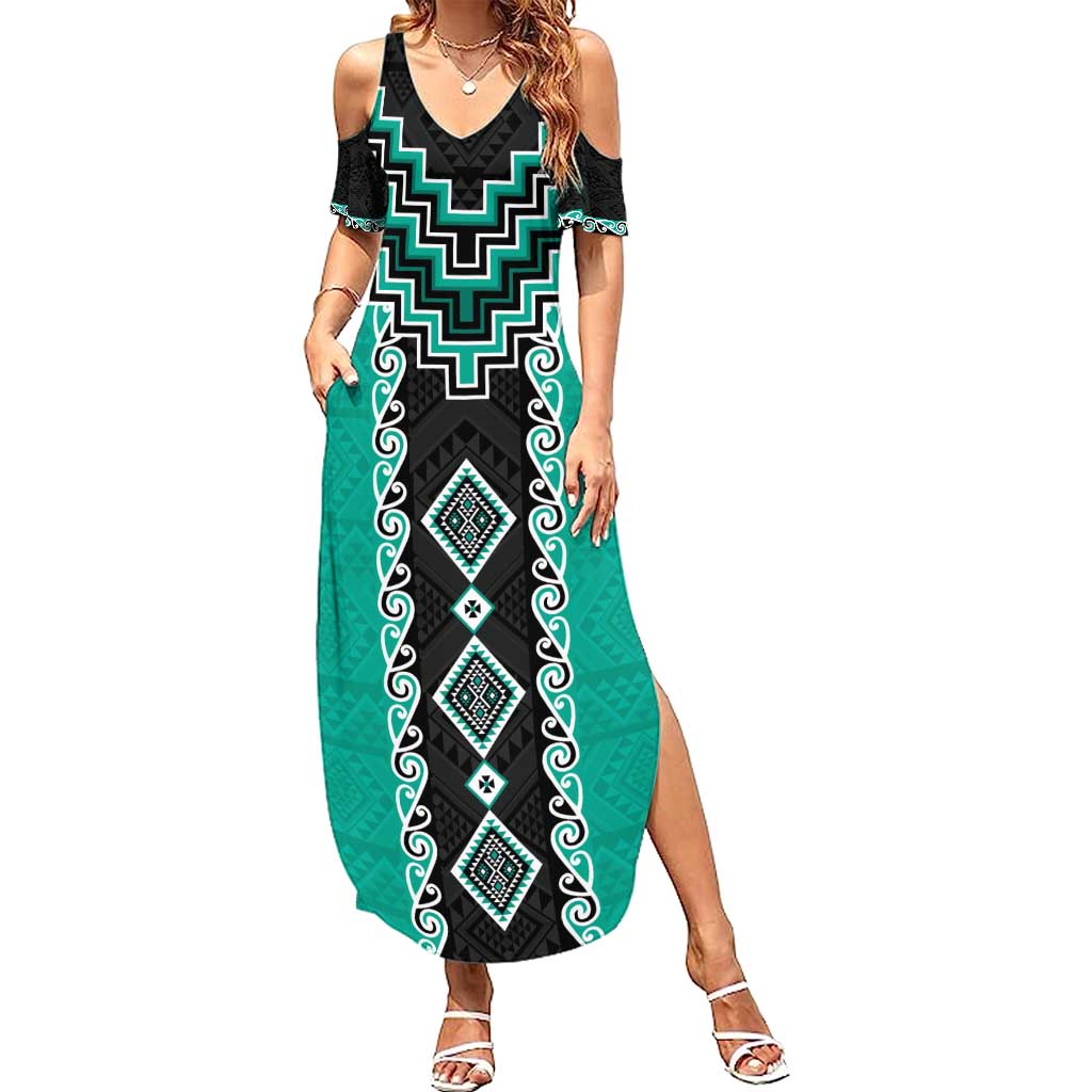 Teal Niho Taniwha Mix Poutama Family Matching Summer Maxi Dress and Hawaiian Shirt Unique Taniko Aotearoa LT01 Mom's Dress Teal - Polynesian Pride