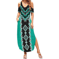 Teal Niho Taniwha Mix Poutama Family Matching Summer Maxi Dress and Hawaiian Shirt Unique Taniko Aotearoa LT01 Mom's Dress Teal - Polynesian Pride