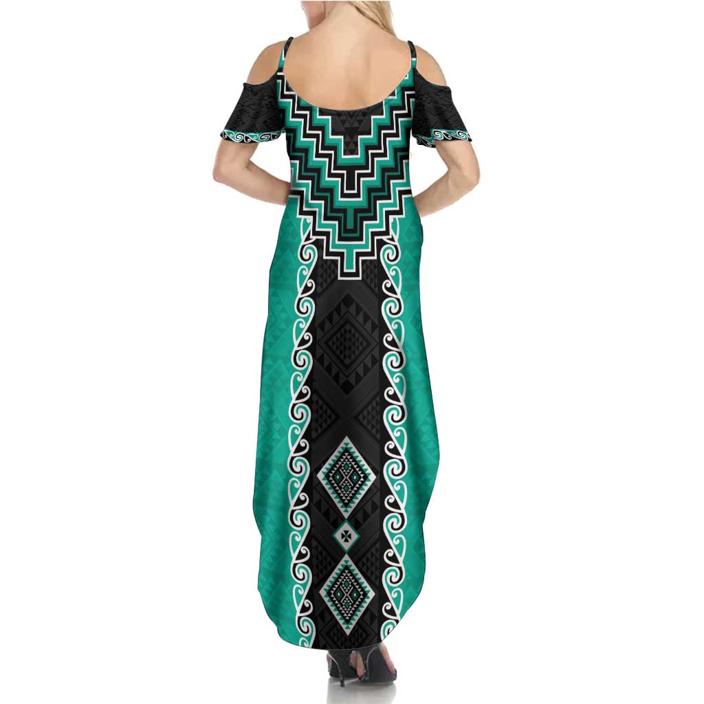 Teal Niho Taniwha Mix Poutama Family Matching Summer Maxi Dress and Hawaiian Shirt Unique Taniko Aotearoa LT01 - Polynesian Pride