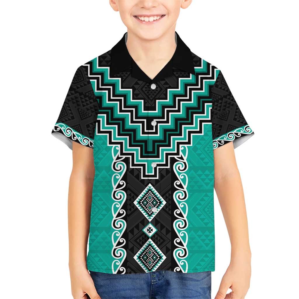 Teal Niho Taniwha Mix Poutama Family Matching Tank Maxi Dress and Hawaiian Shirt Unique Taniko Aotearoa LT01 Son's Shirt Teal - Polynesian Pride