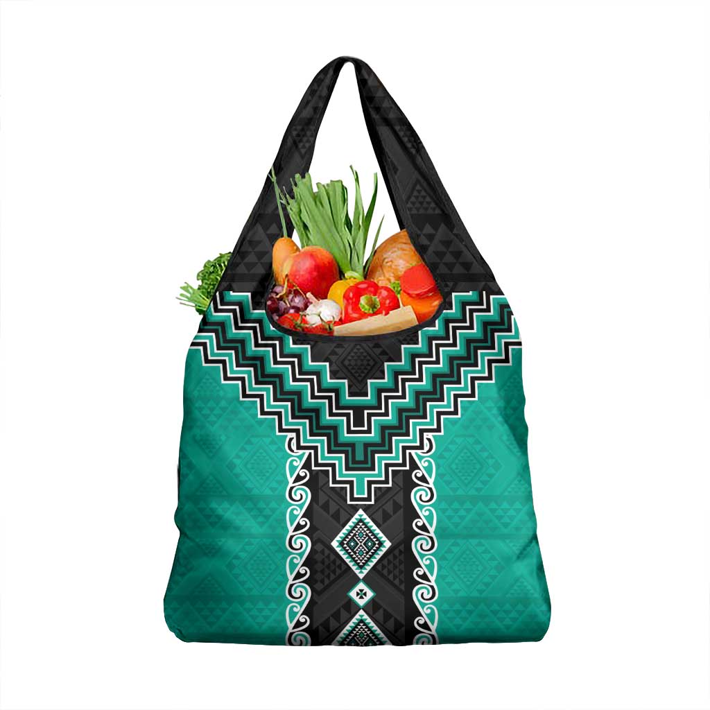 Teal Niho Taniwha Mix Poutama Grocery Bag Unique Taniko Aotearoa