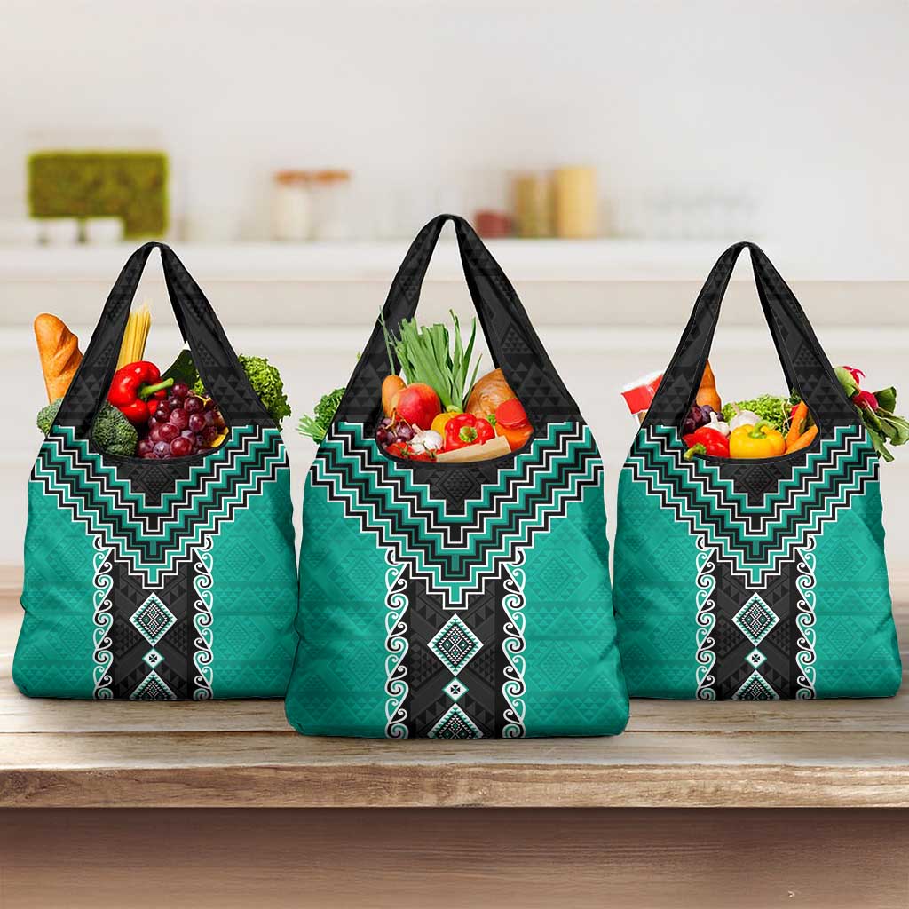 Teal Niho Taniwha Mix Poutama Grocery Bag Unique Taniko Aotearoa