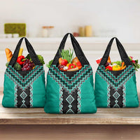 Teal Niho Taniwha Mix Poutama Grocery Bag Unique Taniko Aotearoa
