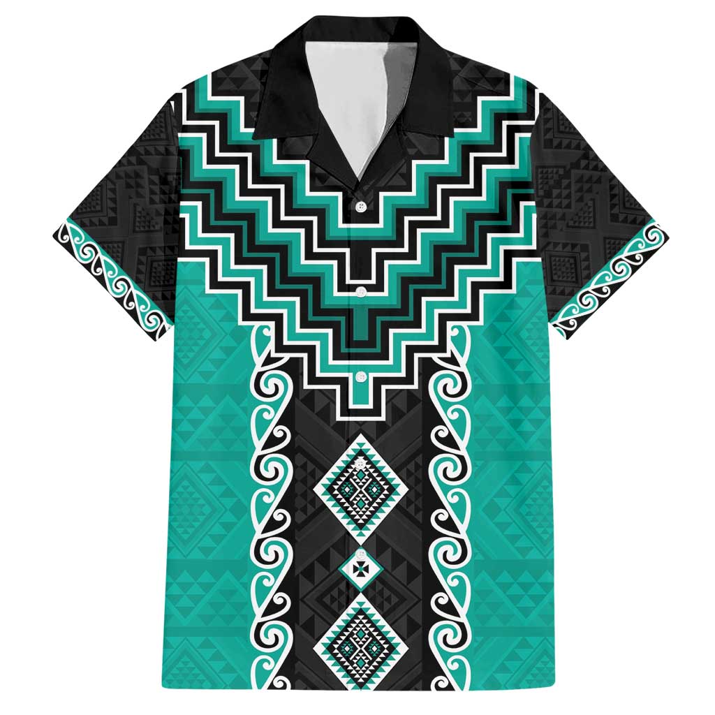Teal Niho Taniwha Mix Poutama Hawaiian Shirt Unique Taniko Aotearoa