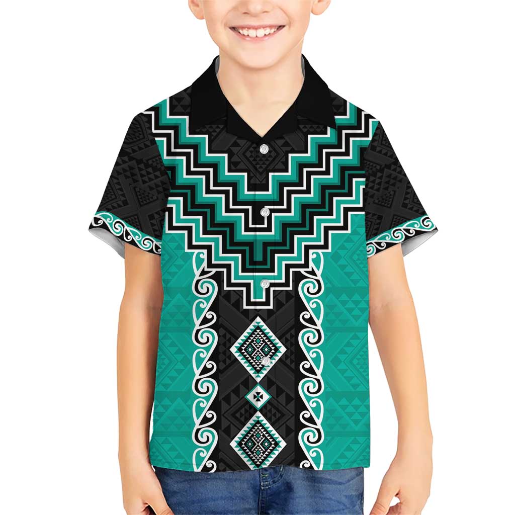 Teal Niho Taniwha Mix Poutama Kid Hawaiian Shirt Unique Taniko Aotearoa LT01 Kid Teal - Polynesian Pride