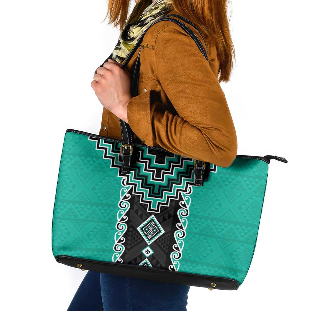 Teal Niho Taniwha Mix Poutama Leather Tote Bag Unique Taniko Aotearoa LT01 Teal - Polynesian Pride