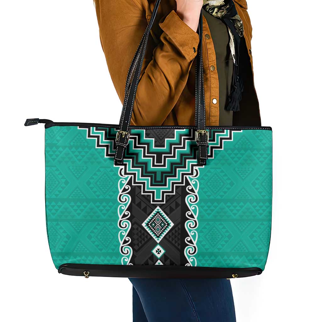 Teal Niho Taniwha Mix Poutama Leather Tote Bag Unique Taniko Aotearoa LT01 - Polynesian Pride