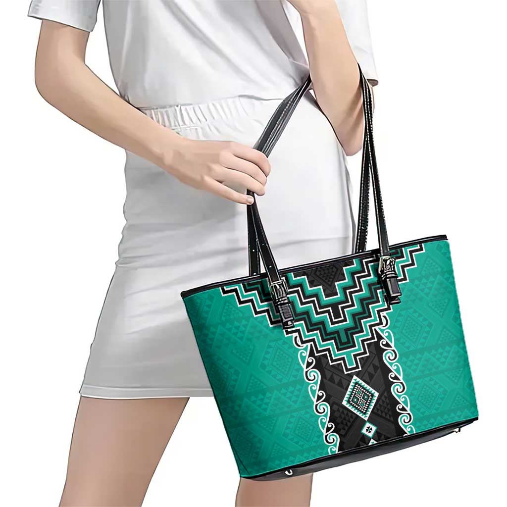 Teal Niho Taniwha Mix Poutama Leather Tote Bag Unique Taniko Aotearoa LT01 - Polynesian Pride