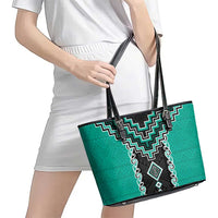 Teal Niho Taniwha Mix Poutama Leather Tote Bag Unique Taniko Aotearoa LT01 - Polynesian Pride