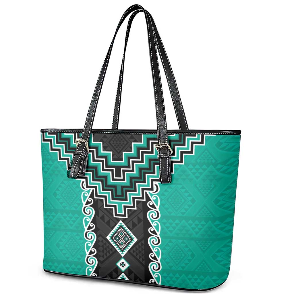 Teal Niho Taniwha Mix Poutama Leather Tote Bag Unique Taniko Aotearoa LT01 - Polynesian Pride