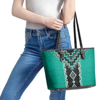 Teal Niho Taniwha Mix Poutama Leather Tote Bag Unique Taniko Aotearoa LT01 - Polynesian Pride