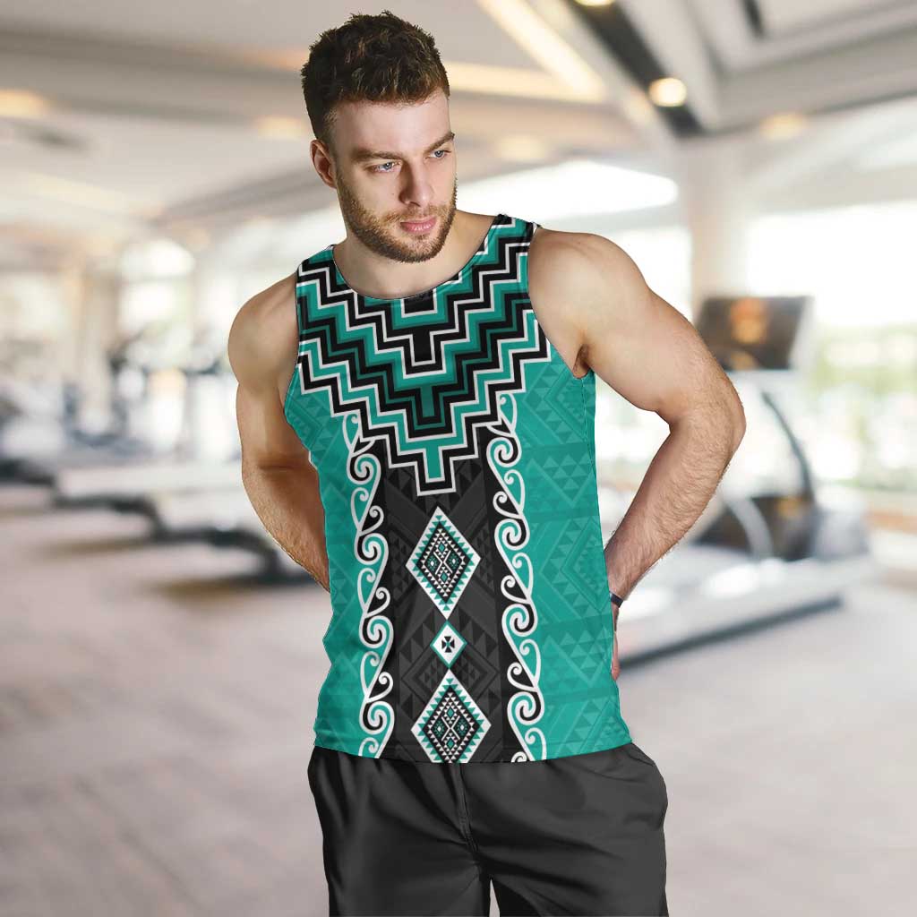 Teal Niho Taniwha Mix Poutama Men Tank Top Unique Taniko Aotearoa LT01 Teal - Polynesian Pride