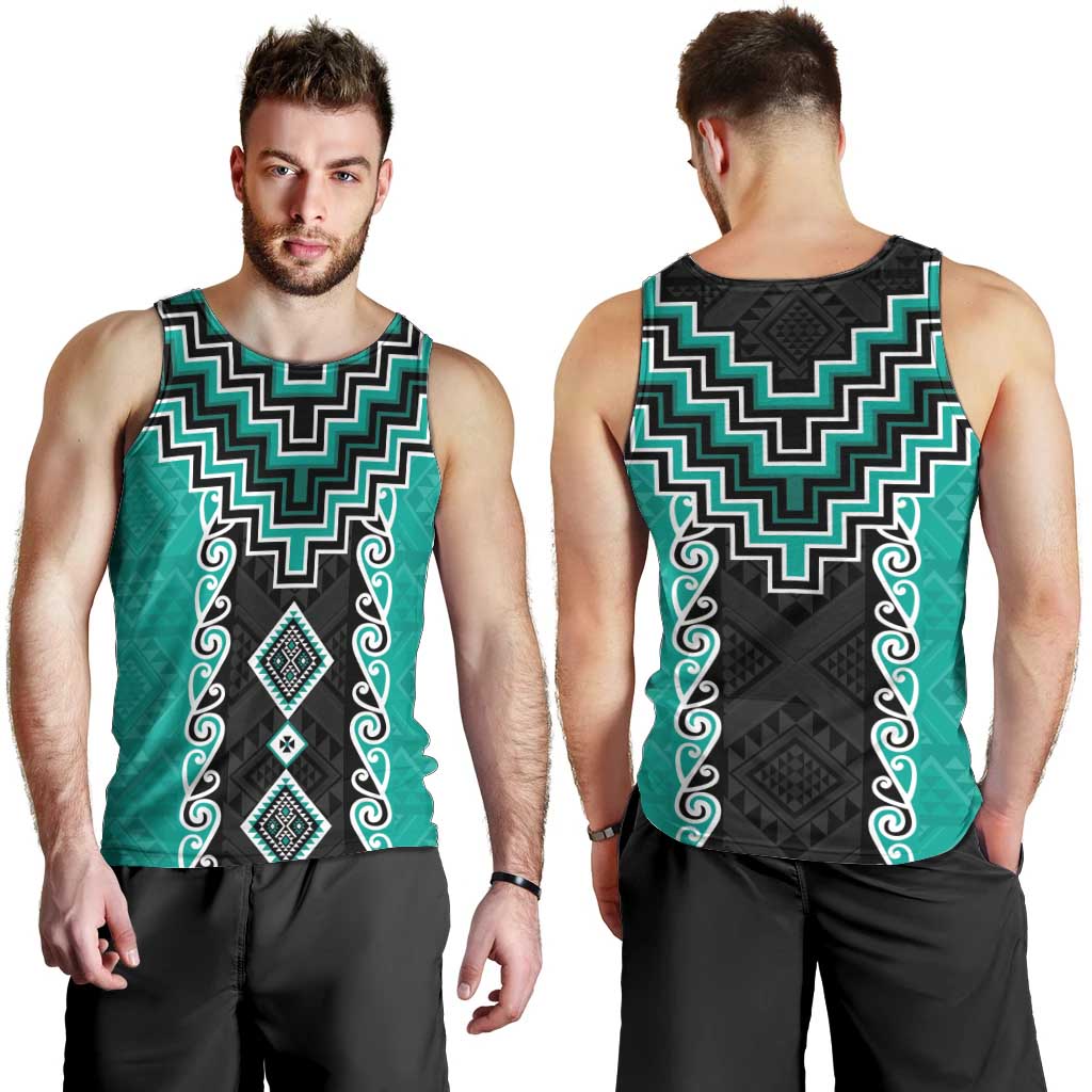 Teal Niho Taniwha Mix Poutama Men Tank Top Unique Taniko Aotearoa LT01 - Polynesian Pride