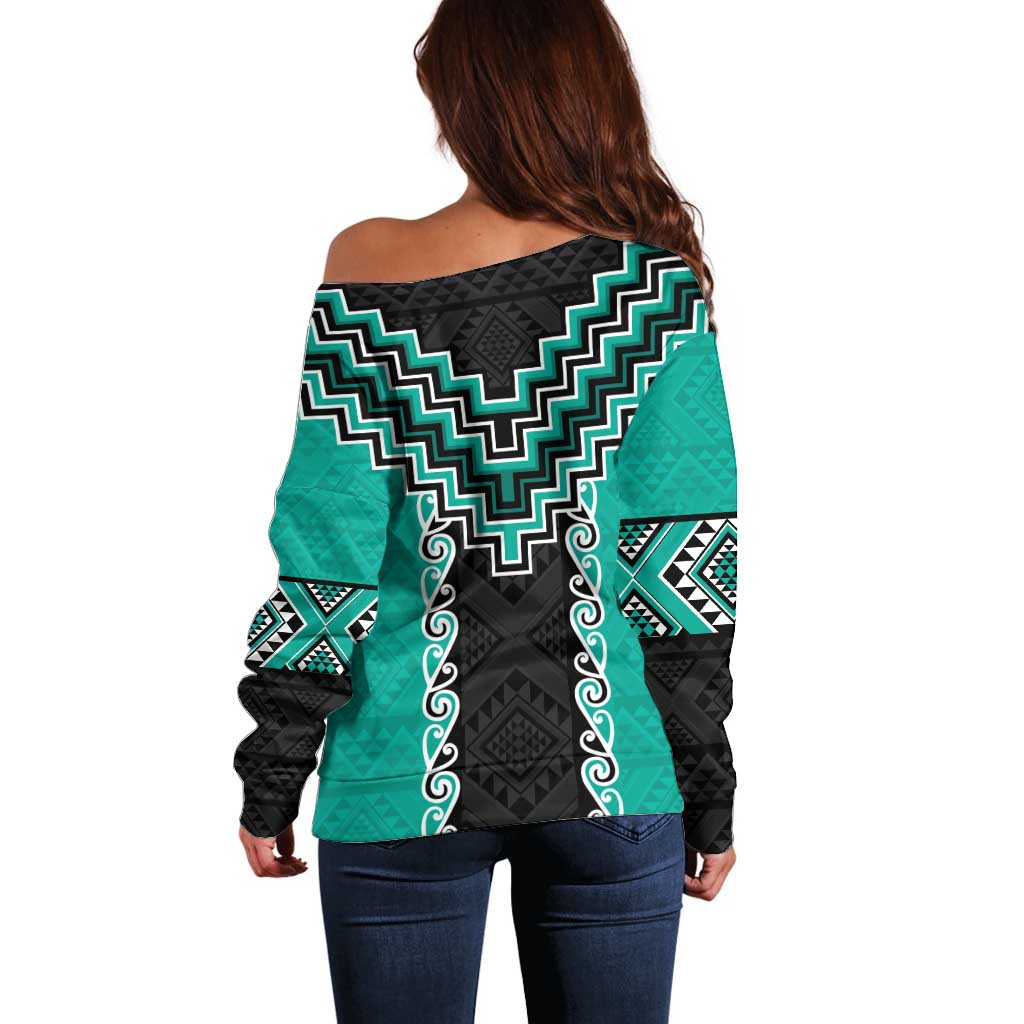 Teal Niho Taniwha Mix Poutama Off Shoulder Sweater Unique Taniko Aotearoa