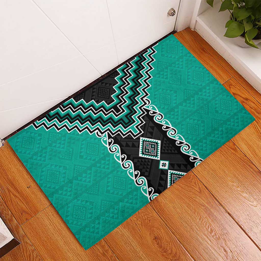 Teal Niho Taniwha Mix Poutama Rubber Doormat Unique Taniko Aotearoa