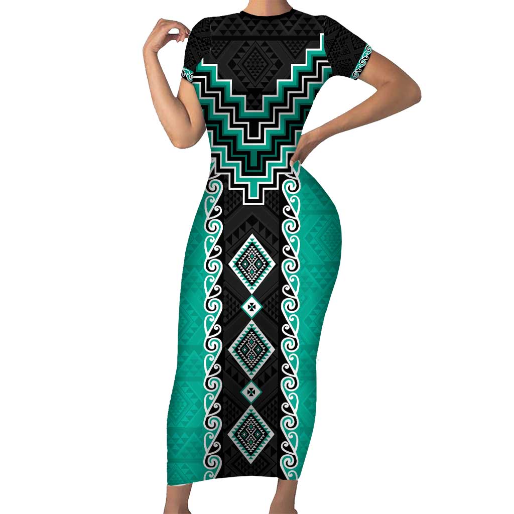 Teal Niho Taniwha Mix Poutama Short Sleeve Bodycon Dress Unique Taniko Aotearoa LT01 Long Dress Teal - Polynesian Pride