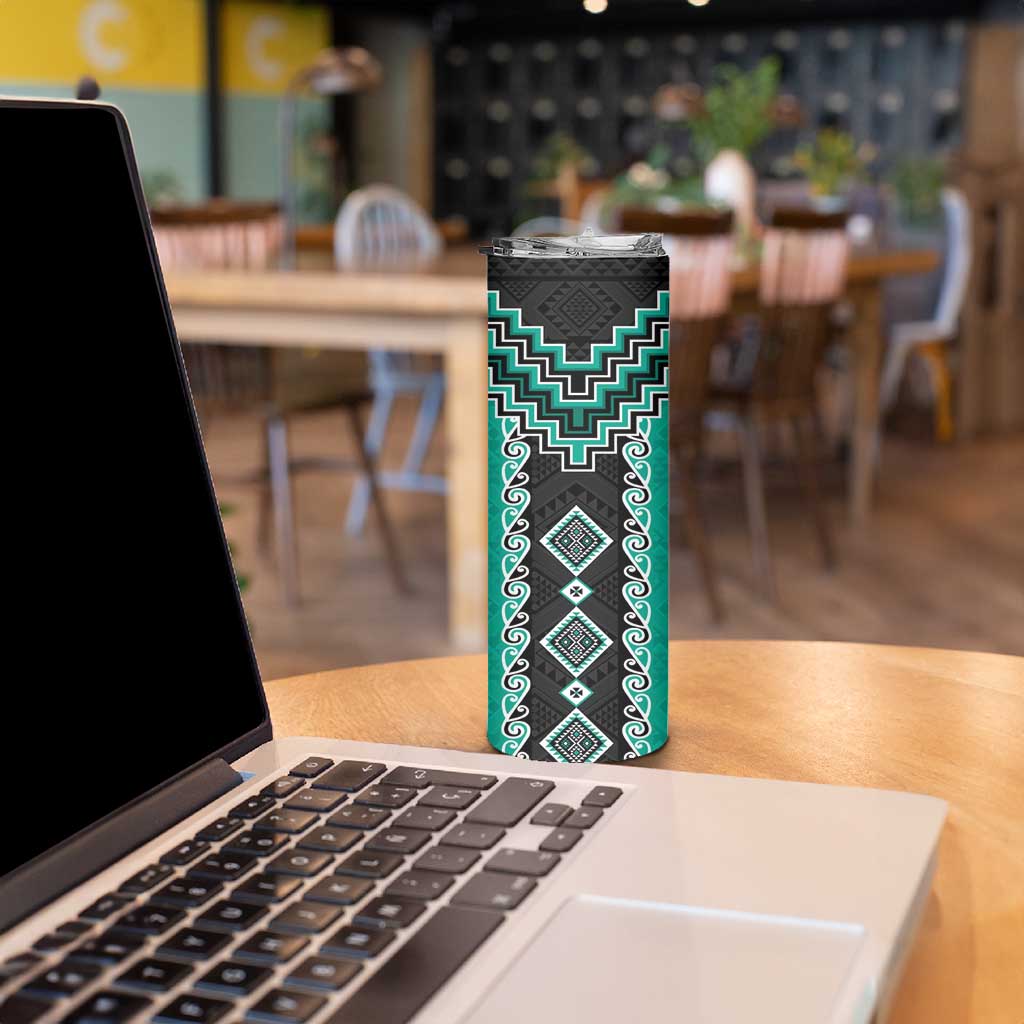 Teal Niho Taniwha Mix Poutama Skinny Tumbler Unique Taniko Aotearoa