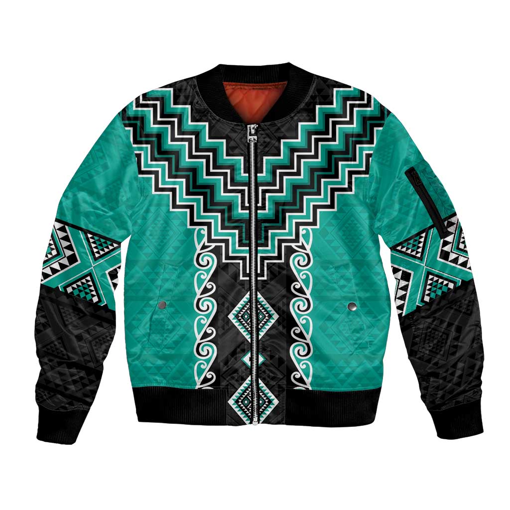 Teal Niho Taniwha Mix Poutama Sleeve Zip Bomber Jacket Unique Taniko Aotearoa LT01 Unisex Teal - Polynesian Pride