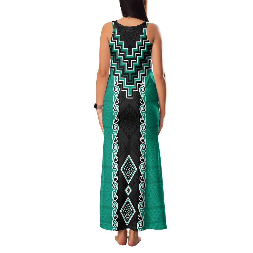 Teal Niho Taniwha Mix Poutama Tank Maxi Dress Unique Taniko Aotearoa