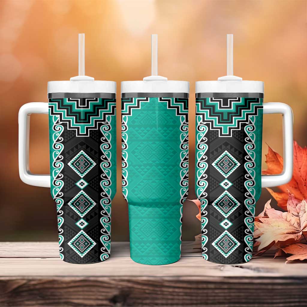Teal Niho Taniwha Mix Poutama Tumbler With Handle Unique Taniko Aotearoa