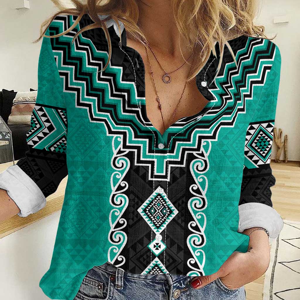 Teal Niho Taniwha Mix Poutama Women Casual Shirt Unique Taniko Aotearoa LT01 Female Teal - Polynesian Pride