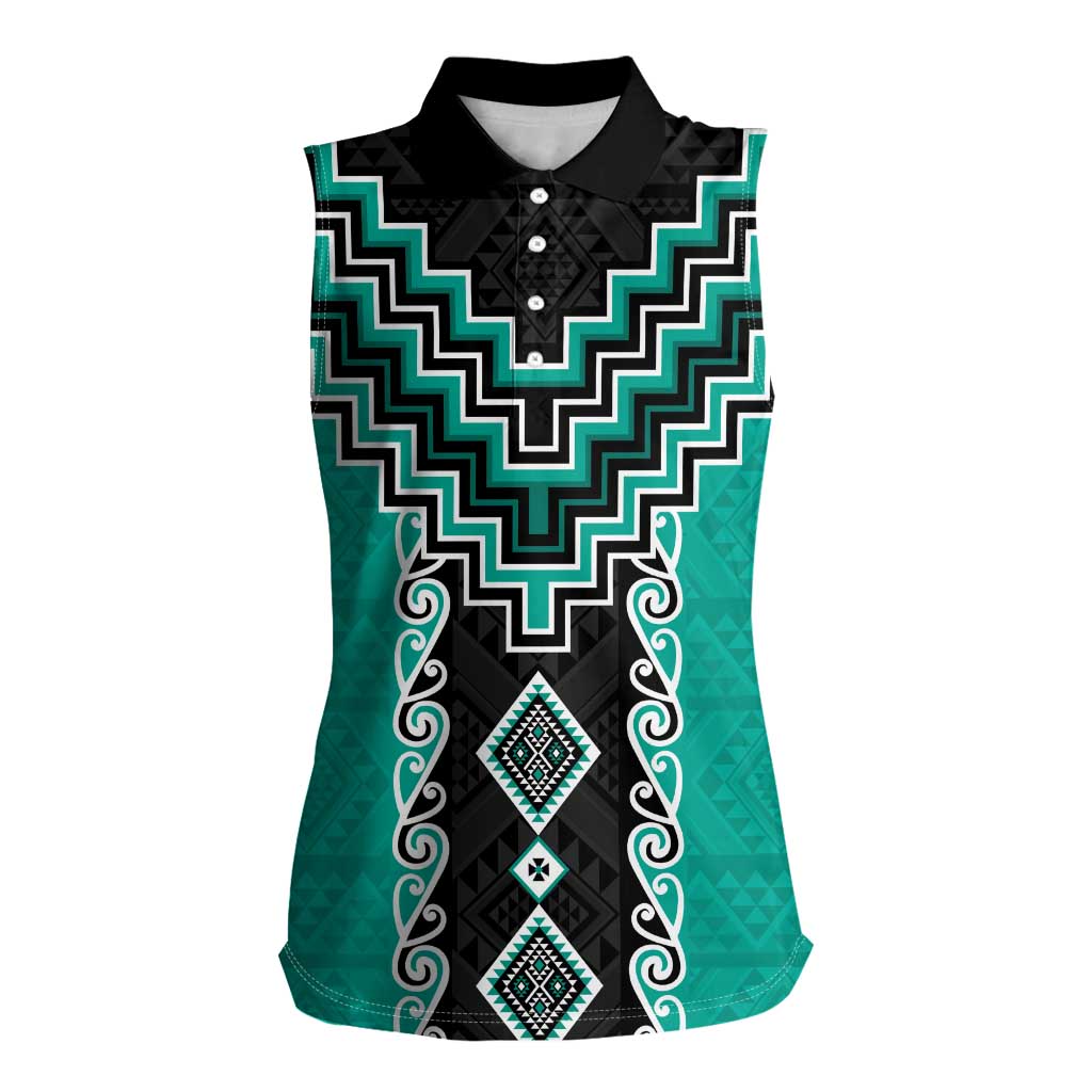 Teal Niho Taniwha Mix Poutama Women Sleeveless Polo Shirt Unique Taniko Aotearoa LT01 Female Teal - Polynesian Pride