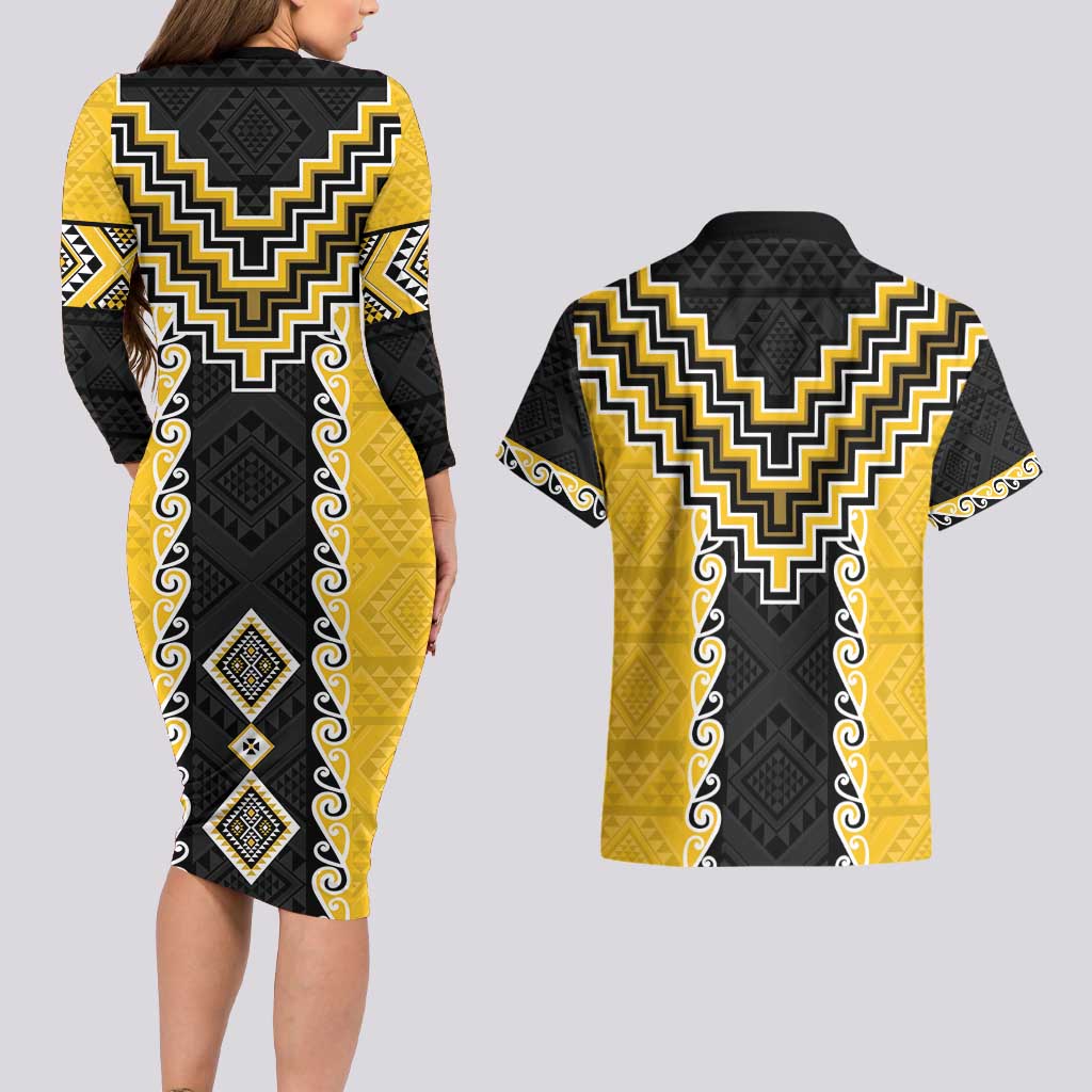 Yellow Niho Taniwha Mix Poutama Couples Matching Long Sleeve Bodycon Dress and Hawaiian Shirt Unique Taniko Aotearoa LT01 - Polynesian Pride