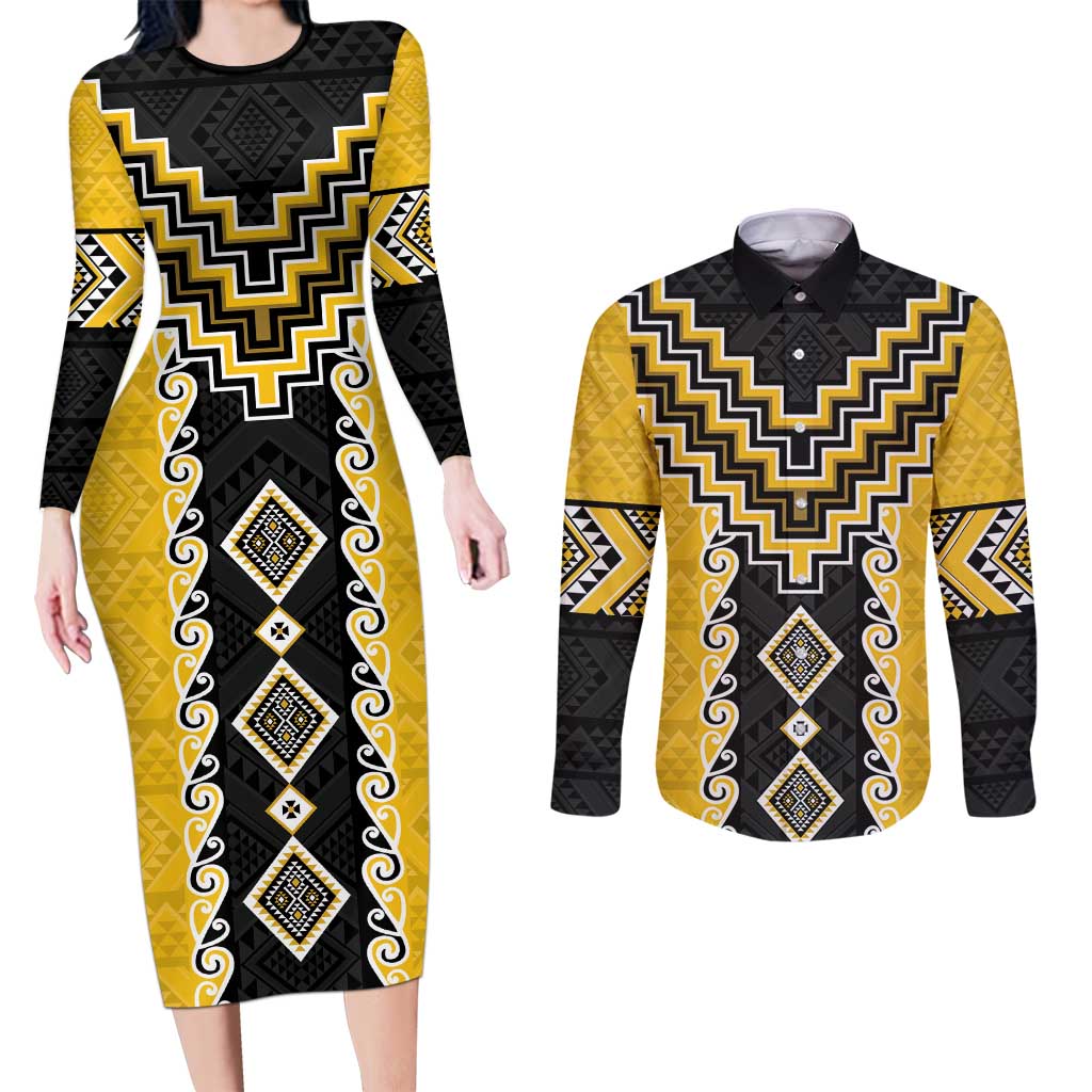 Yellow Niho Taniwha Mix Poutama Couples Matching Long Sleeve Bodycon Dress and Long Sleeve Button Shirt Unique Taniko Aotearoa LT01 Yellow - Polynesian Pride
