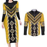Yellow Niho Taniwha Mix Poutama Couples Matching Long Sleeve Bodycon Dress and Long Sleeve Button Shirt Unique Taniko Aotearoa LT01 Yellow - Polynesian Pride