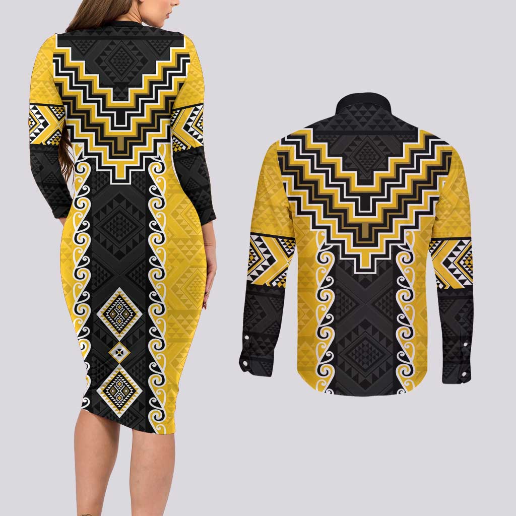 Yellow Niho Taniwha Mix Poutama Couples Matching Long Sleeve Bodycon Dress and Long Sleeve Button Shirt Unique Taniko Aotearoa LT01 - Polynesian Pride