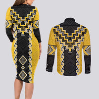 Yellow Niho Taniwha Mix Poutama Couples Matching Long Sleeve Bodycon Dress and Long Sleeve Button Shirt Unique Taniko Aotearoa LT01 - Polynesian Pride