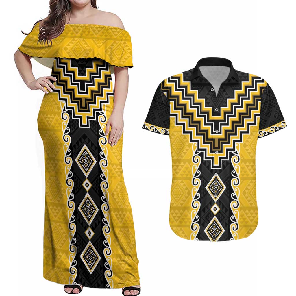 Yellow Niho Taniwha Mix Poutama Couples Matching Off Shoulder Maxi Dress and Hawaiian Shirt Unique Taniko Aotearoa LT01 Yellow - Polynesian Pride
