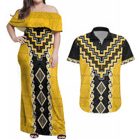 Yellow Niho Taniwha Mix Poutama Couples Matching Off Shoulder Maxi Dress and Hawaiian Shirt Unique Taniko Aotearoa LT01 Yellow - Polynesian Pride