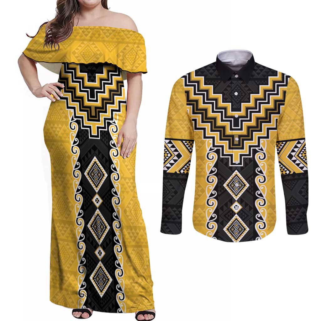 Yellow Niho Taniwha Mix Poutama Couples Matching Off Shoulder Maxi Dress and Long Sleeve Button Shirt Unique Taniko Aotearoa LT01 Yellow - Polynesian Pride