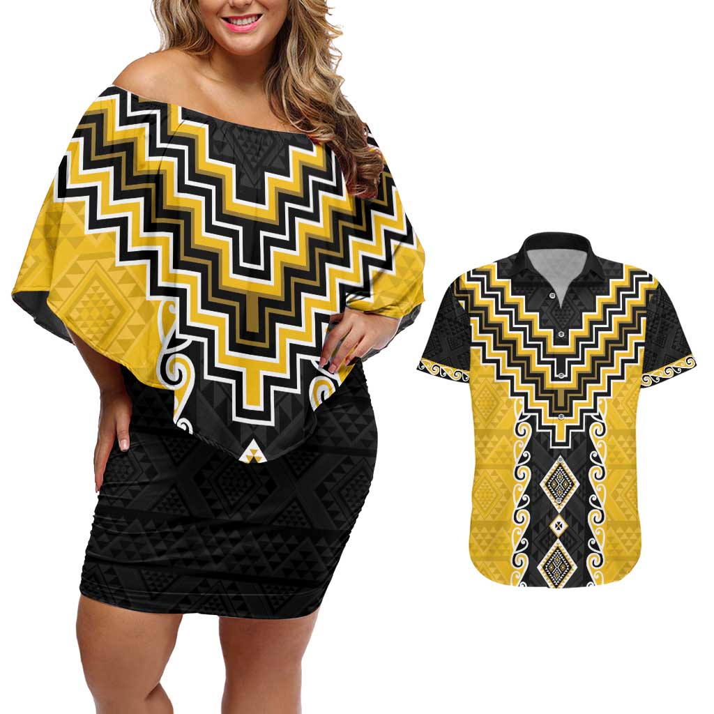 Yellow Niho Taniwha Mix Poutama Couples Matching Off Shoulder Short Dress and Hawaiian Shirt Unique Taniko Aotearoa LT01 Yellow - Polynesian Pride