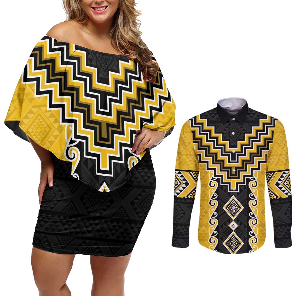 Yellow Niho Taniwha Mix Poutama Couples Matching Off Shoulder Short Dress and Long Sleeve Button Shirt Unique Taniko Aotearoa LT01 Yellow - Polynesian Pride