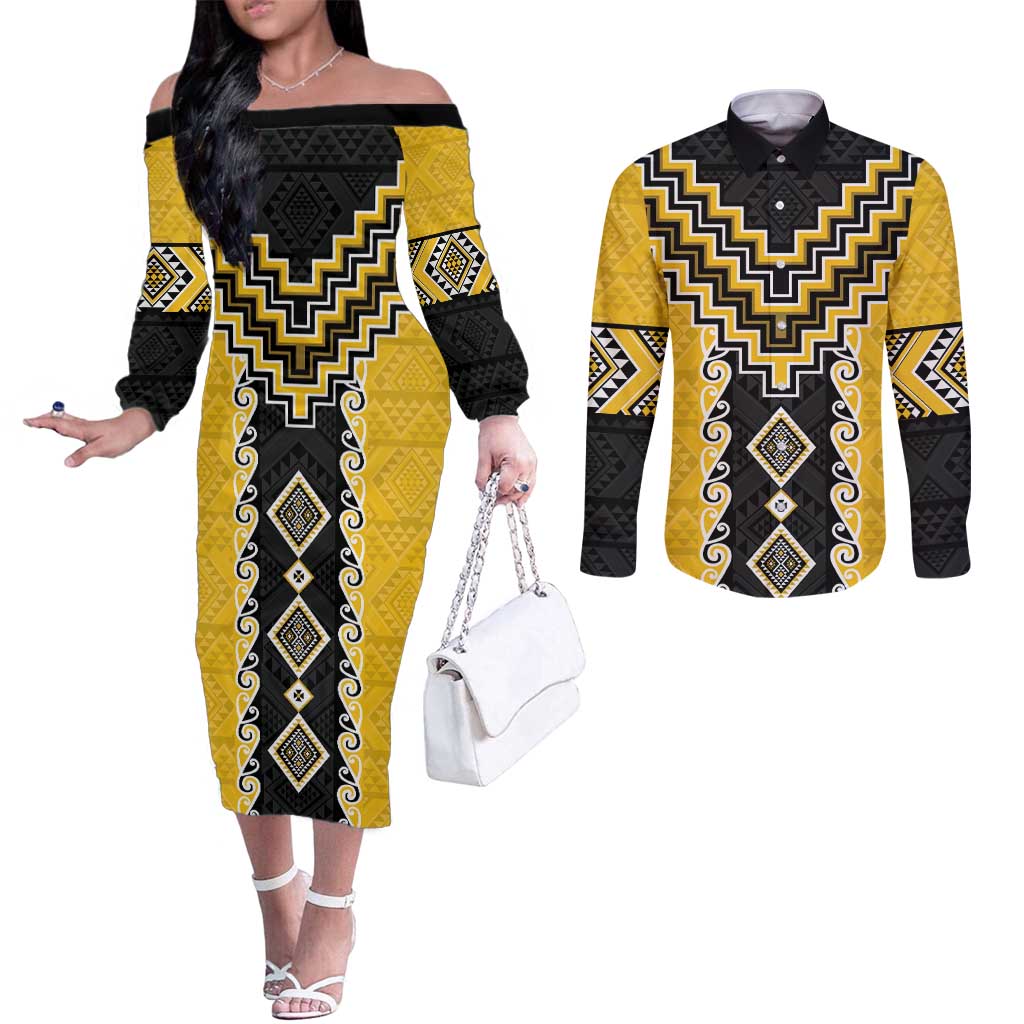 Yellow Niho Taniwha Mix Poutama Couples Matching Off The Shoulder Long Sleeve Dress and Long Sleeve Button Shirt Unique Taniko Aotearoa LT01 Yellow - Polynesian Pride