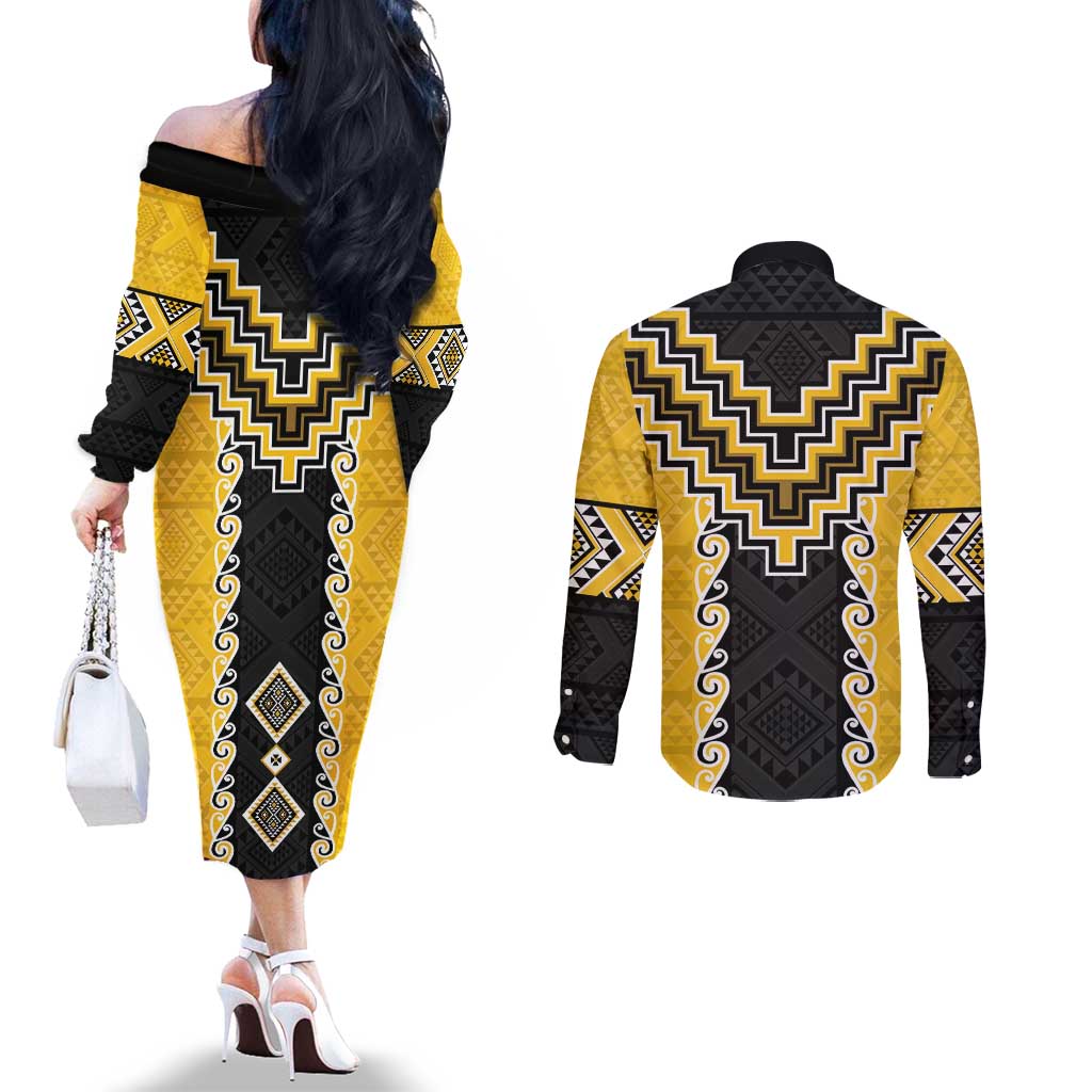 Yellow Niho Taniwha Mix Poutama Couples Matching Off The Shoulder Long Sleeve Dress and Long Sleeve Button Shirt Unique Taniko Aotearoa LT01 - Polynesian Pride